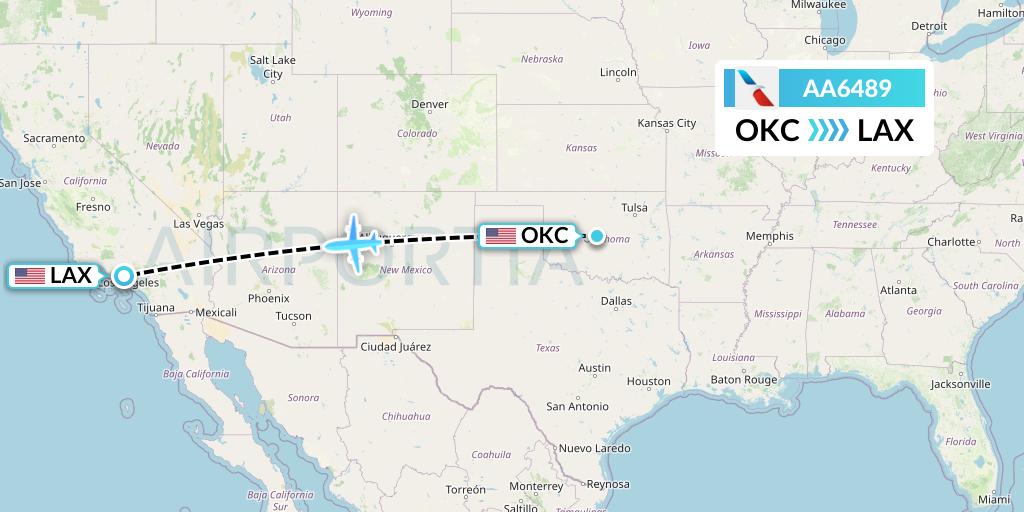 AA6489 American Airlines Flight Map: Oklahoma City to Los Angeles