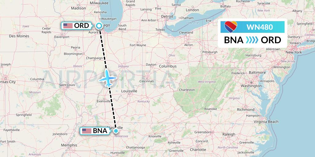 WN480 Southwest Airlines Flight Map: Nashville to Chicago