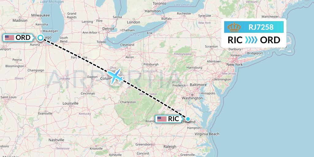 RJ7258 Royal Jordanian Flight Map: Richmond to Chicago