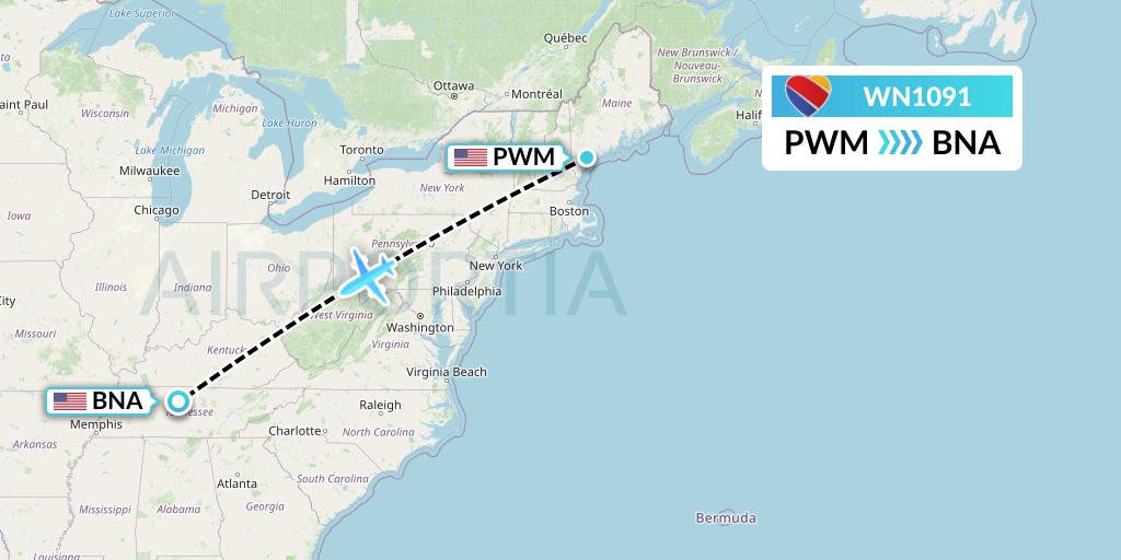 WN1091 Southwest Airlines Flight Map: Portland to Nashville