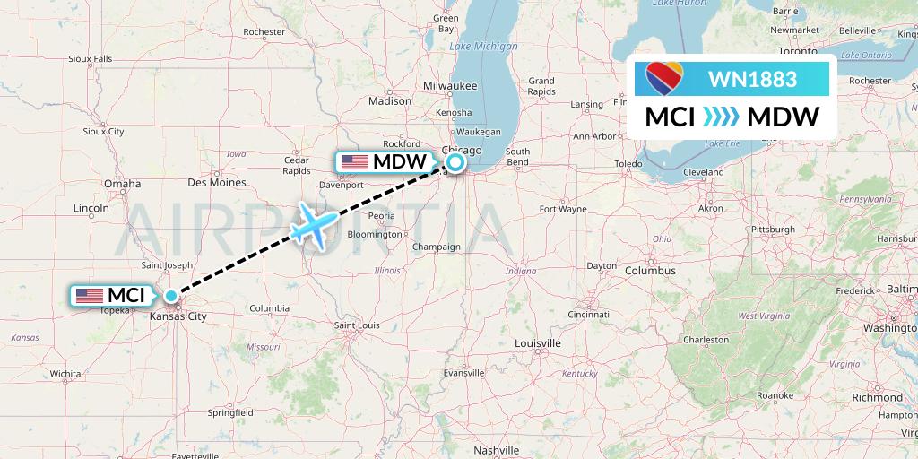 WN1883 Southwest Airlines Flight Map: Kansas City to Chicago