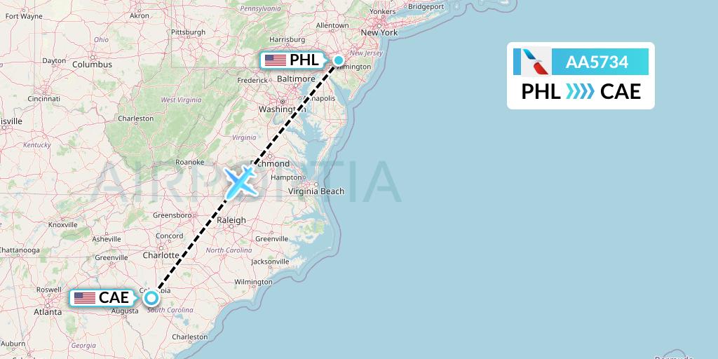 AA5734 American Airlines Flight Map: Philadelphia to Columbia