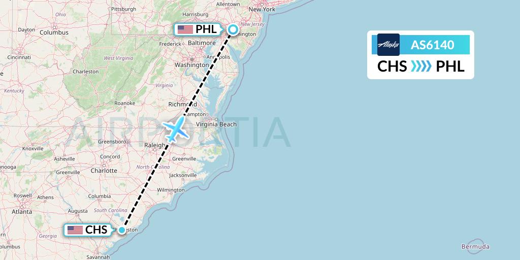 AS6140 Alaska Airlines Flight Map: Charleston to Philadelphia