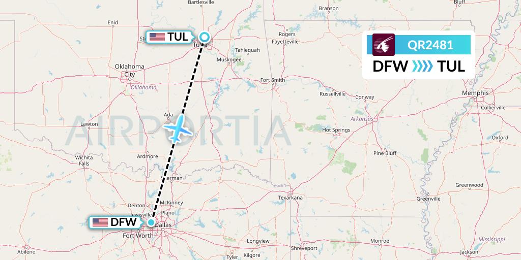 QR2481 Qatar Airways Flight Map: Dallas to Tulsa