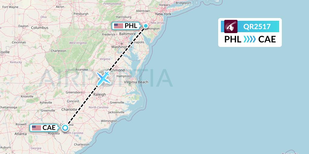 QR2517 Qatar Airways Flight Map: Philadelphia to Columbia