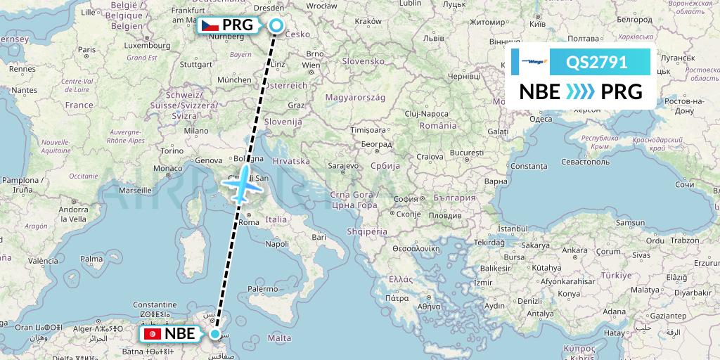 QS2791 Smartwings Flight Map: Enfidha to Prague