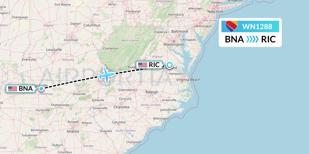 WN1288 Southwest Airlines Flight Map: Nashville to Richmond