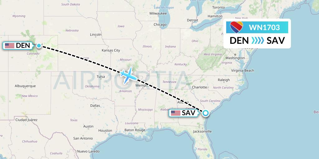WN1703 Southwest Airlines Flight Map: Denver to Savannah