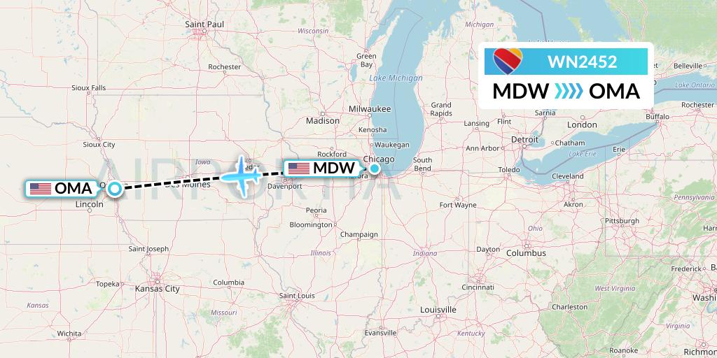 WN2452 Southwest Airlines Flight Map: Chicago to Omaha