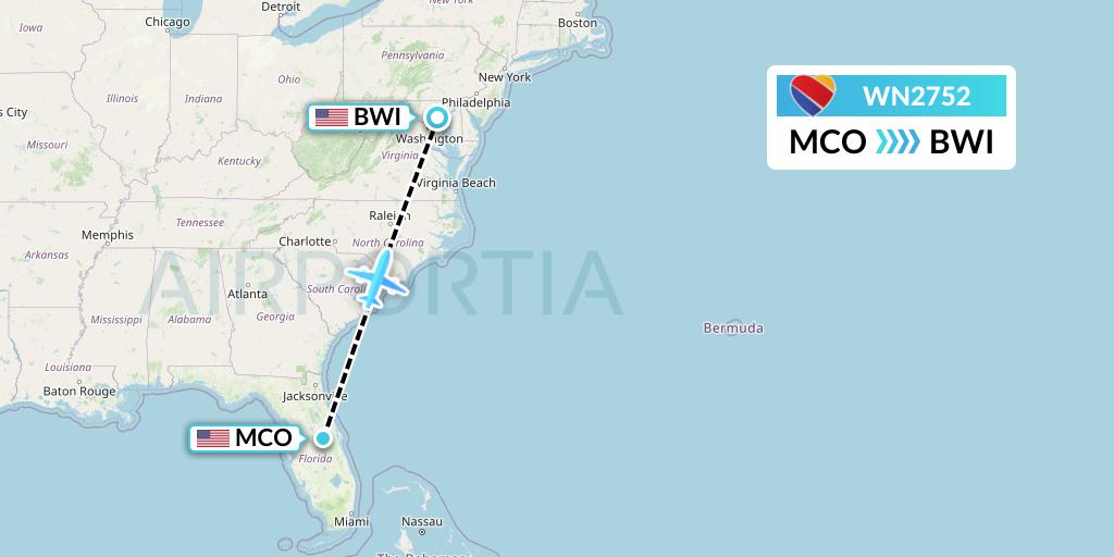 WN2752 Southwest Airlines Flight Map: Orlando to Baltimore