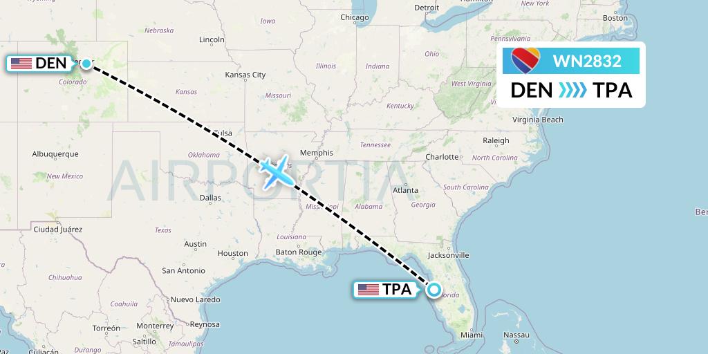 WN2832 Southwest Airlines Flight Map: Denver to Tampa