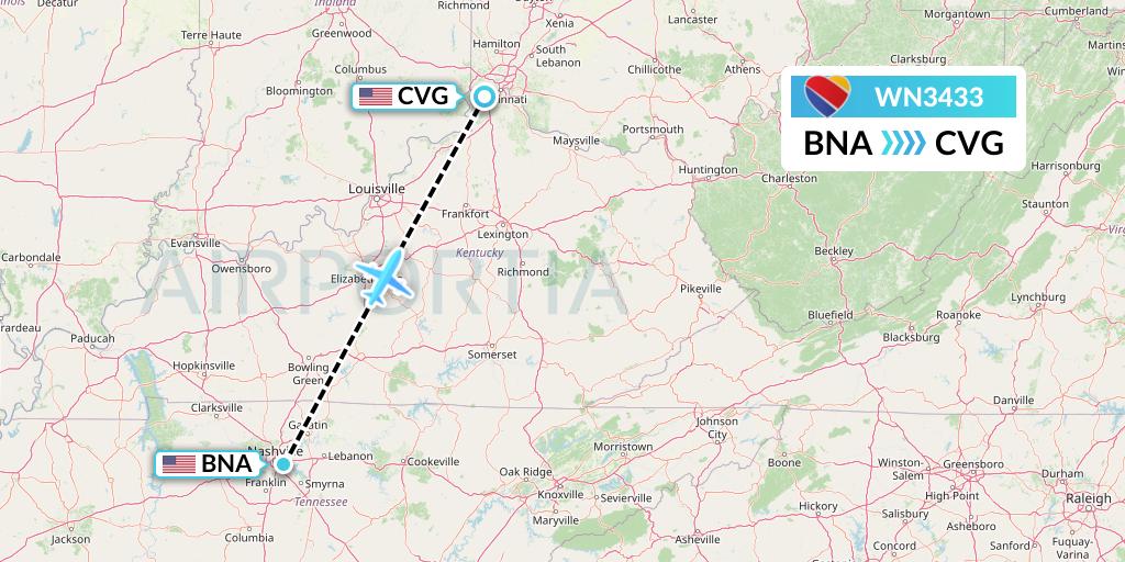 WN3433 Southwest Airlines Flight Map: Nashville to Cincinnati