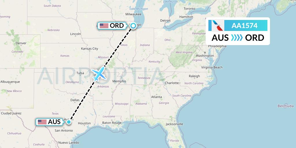 AA1574 American Airlines Flight Map: Austin to Chicago