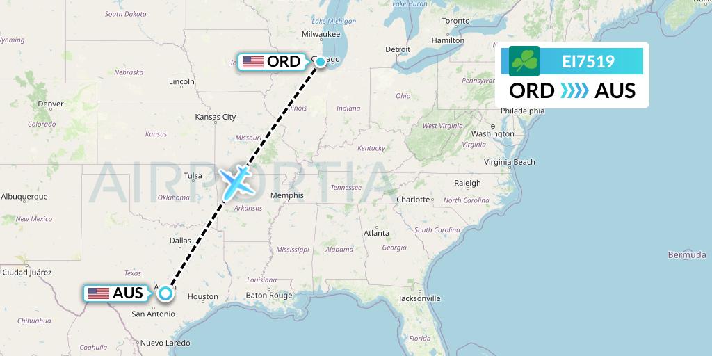 EI7519 Aer Lingus Flight Map: Chicago to Austin