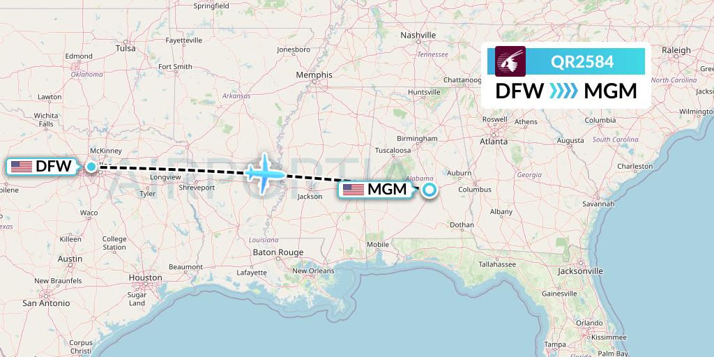 QR2584 Qatar Airways Flight Map: Dallas to Montgomery