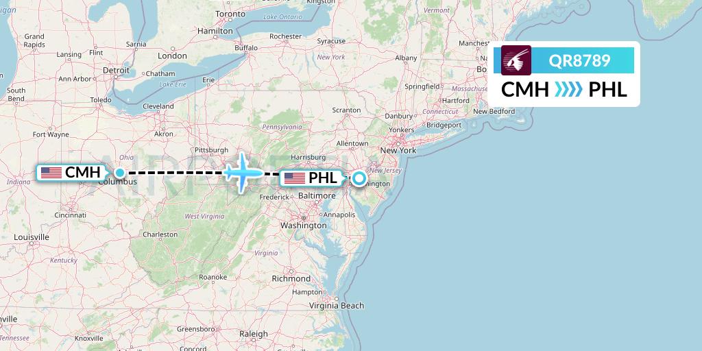 QR8789 Qatar Airways Flight Map: Columbus to Philadelphia