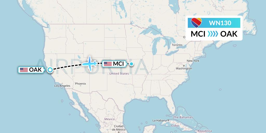 WN130 Southwest Airlines Flight Map: Kansas City to Oakland