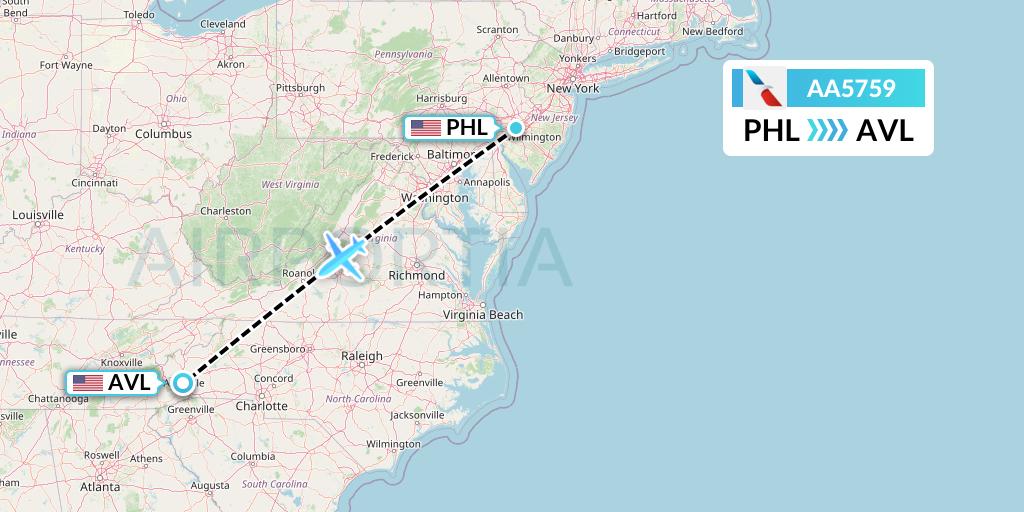 AA5759 American Airlines Flight Map: Philadelphia to Asheville