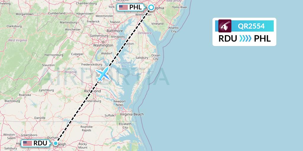 QR2554 Qatar Airways Flight Map: Raleigh-Durham to Philadelphia