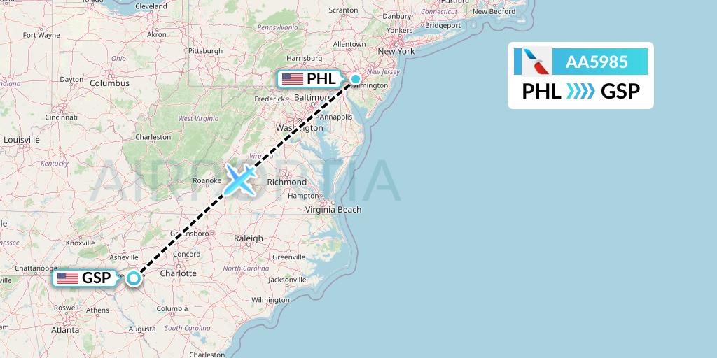 AA5985 American Airlines Flight Map: Philadelphia to Greenville-Spartanburg