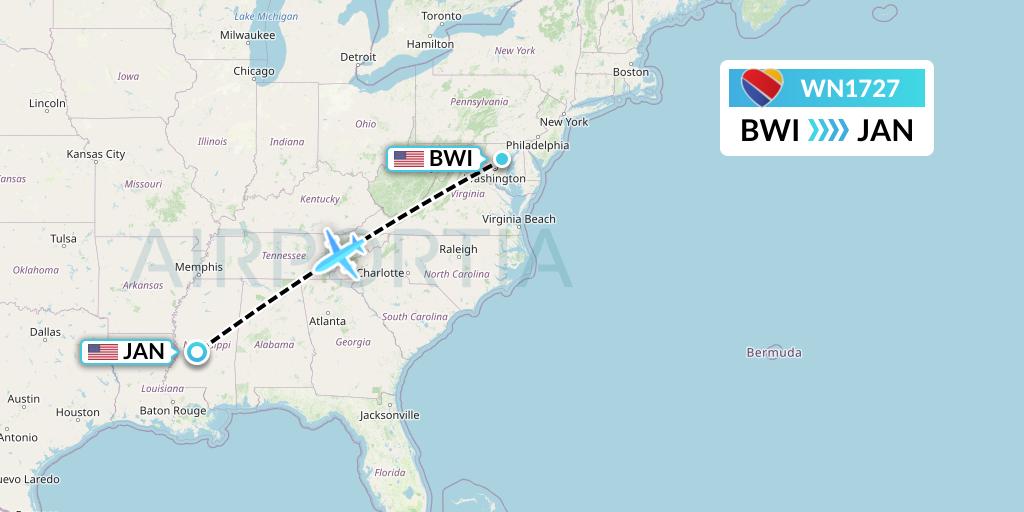 WN1727 Southwest Airlines Flight Map: Baltimore to Jackson