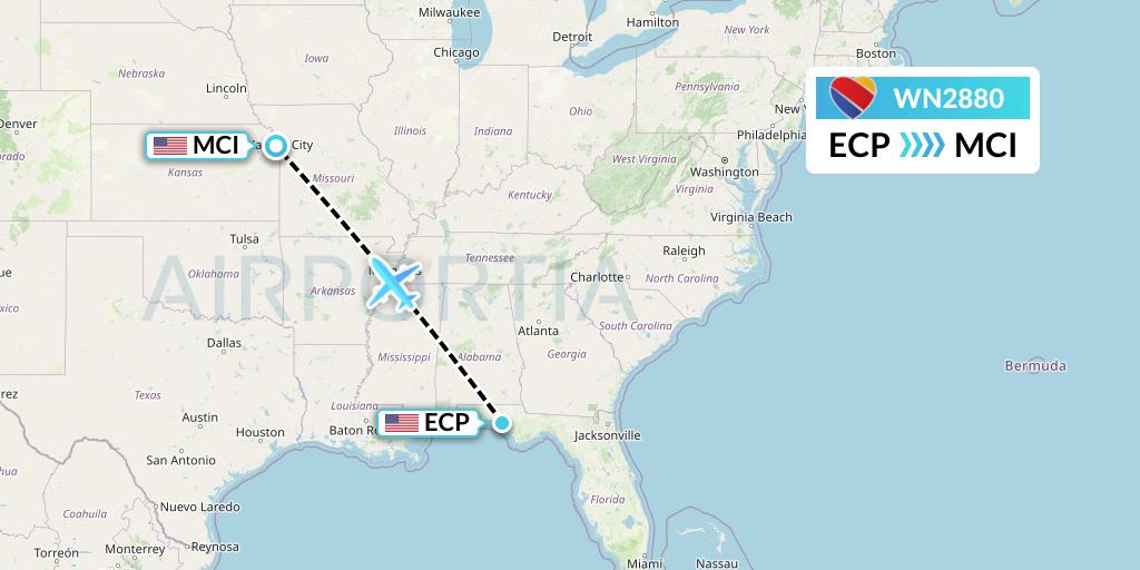WN2880 Southwest Airlines Flight Map: Panama City to Kansas City