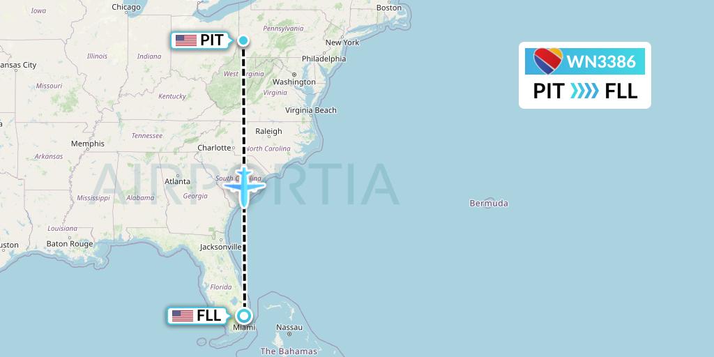 WN3386 Southwest Airlines Flight Map: Pittsburgh to Fort Lauderdale
