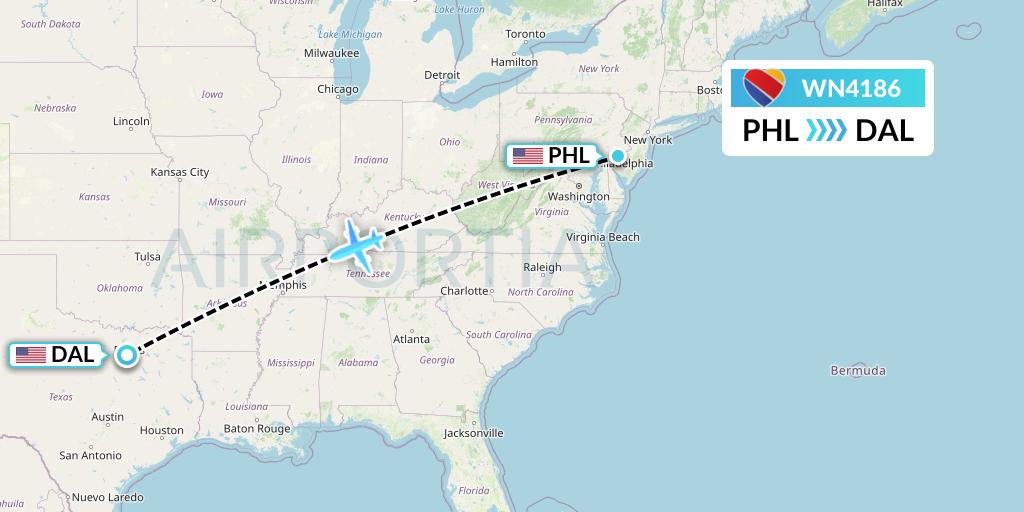WN4186 Southwest Airlines Flight Map: Philadelphia to Dallas