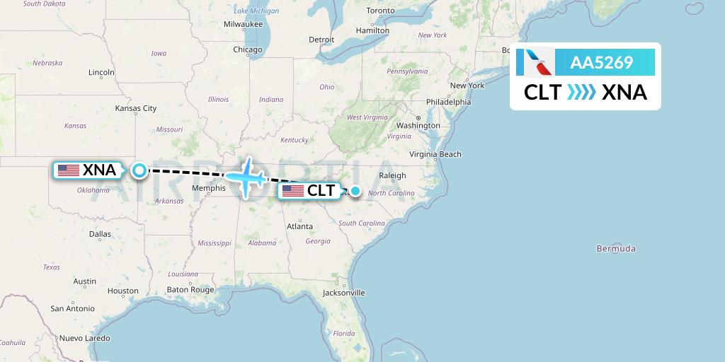 AA5269 American Airlines Flight Map: Charlotte to Bentonville
