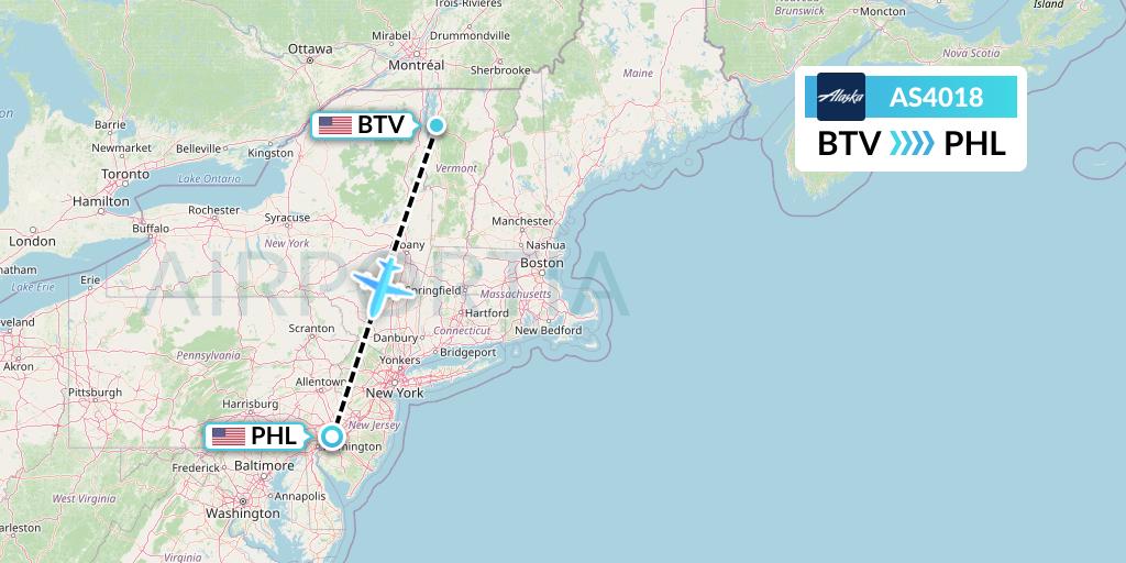 AS4018 Alaska Airlines Flight Map: Burlington to Philadelphia