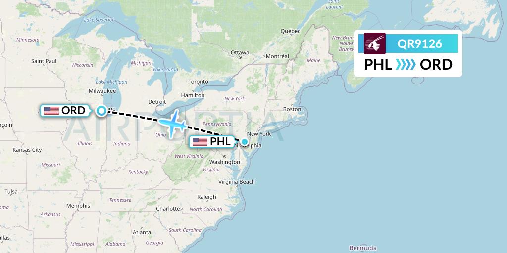 QR9126 Qatar Airways Flight Map: Philadelphia to Chicago