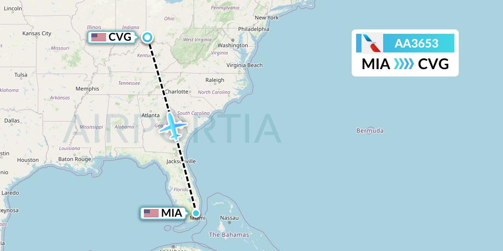 AA3653 American Airlines Flight Map: Miami to Cincinnati