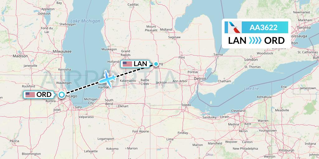 AA3622 American Airlines Flight Map: Lansing to Chicago