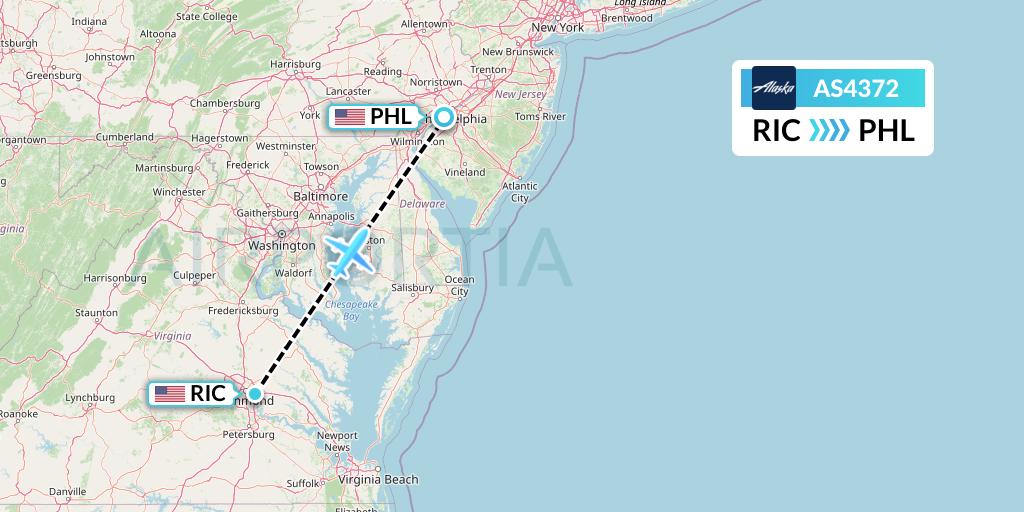 AS4372 Alaska Airlines Flight Map: Richmond to Philadelphia