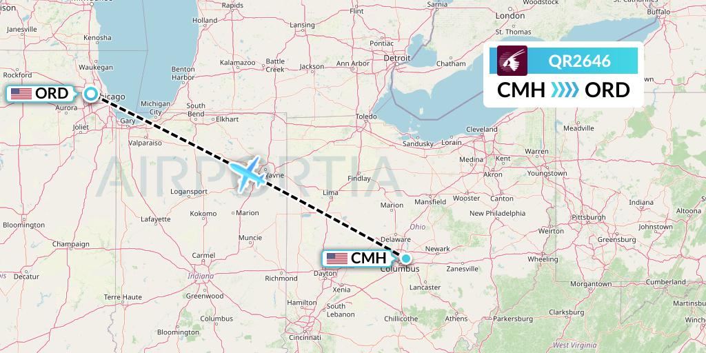 QR2646 Qatar Airways Flight Map: Columbus to Chicago
