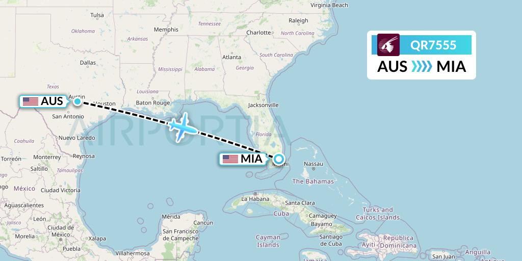 QR7555 Qatar Airways Flight Map: Austin to Miami