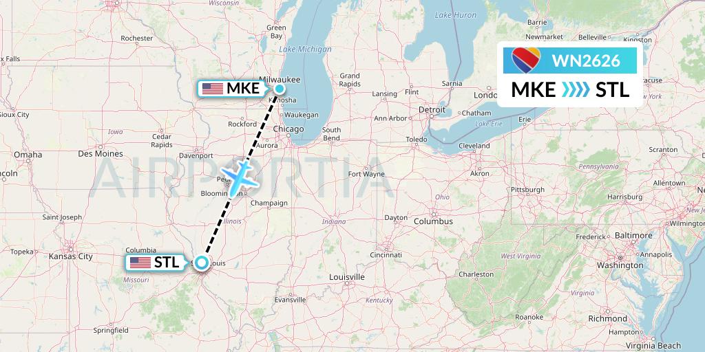 WN2626 Southwest Airlines Flight Map: Milwaukee to St. Louis