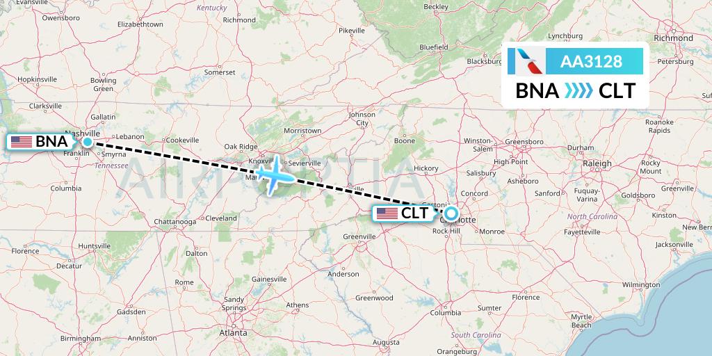 AA3128 American Airlines Flight Map: Nashville to Charlotte