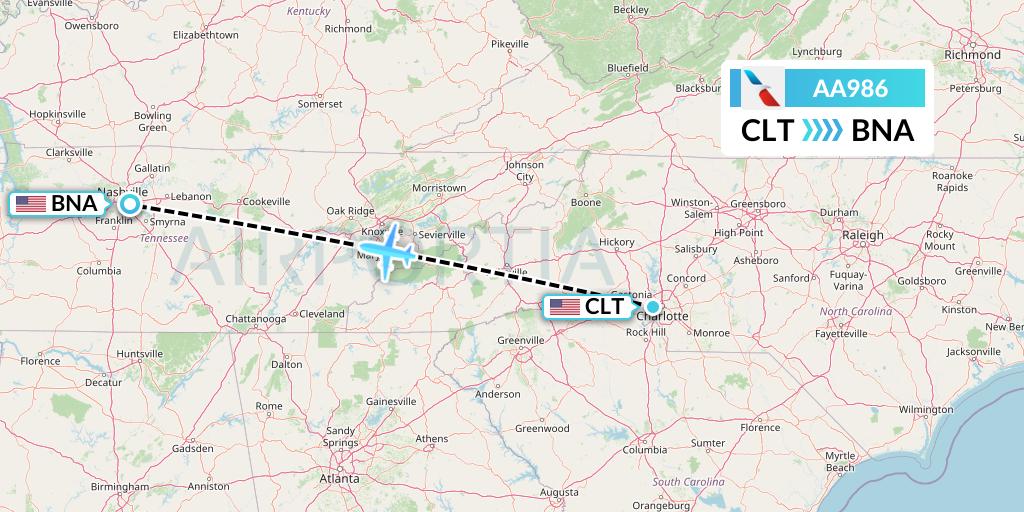 AA986 American Airlines Flight Map: Charlotte to Nashville