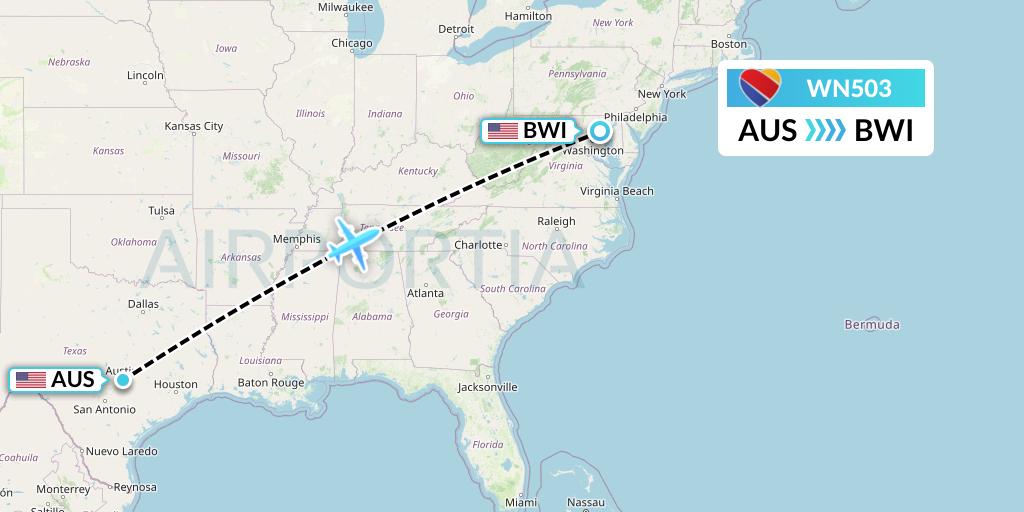 WN503 Southwest Airlines Flight Map: Austin to Baltimore