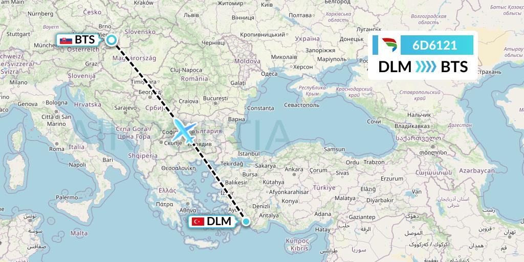 6D6121 Travel Service Slovakia Flight Map: Dalaman to Bratislava