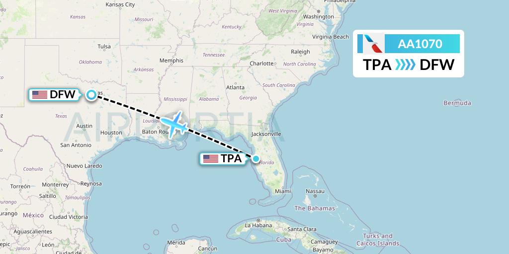 AA1070 American Airlines Flight Map: Tampa to Dallas