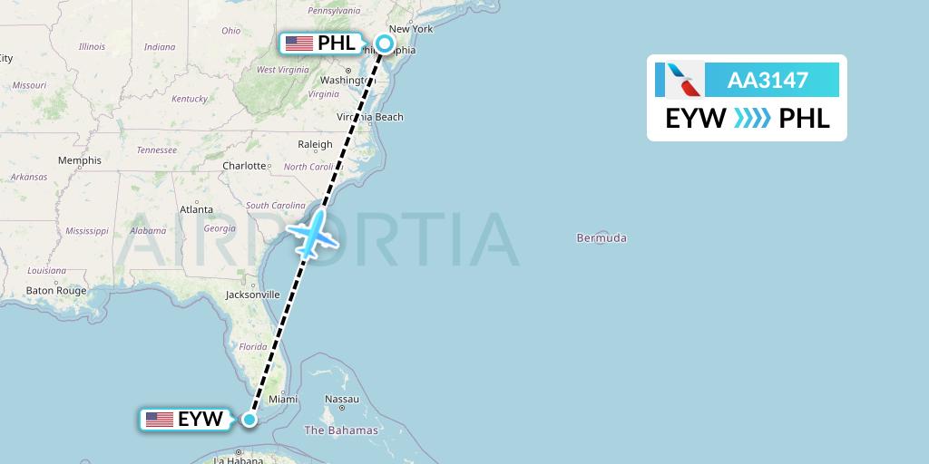 AA3147 American Airlines Flight Map: Key West to Philadelphia