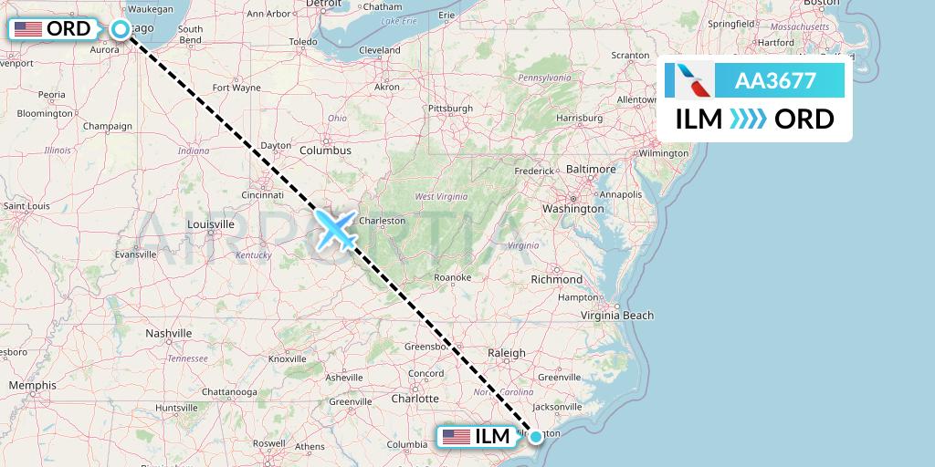 AA3677 American Airlines Flight Map: Wilmington to Chicago