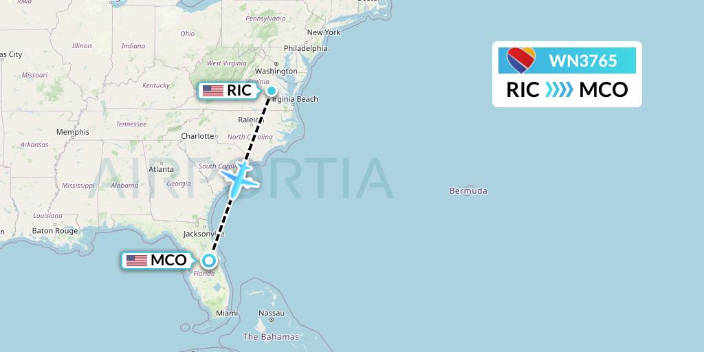 WN3765 Southwest Airlines Flight Map: Richmond to Orlando