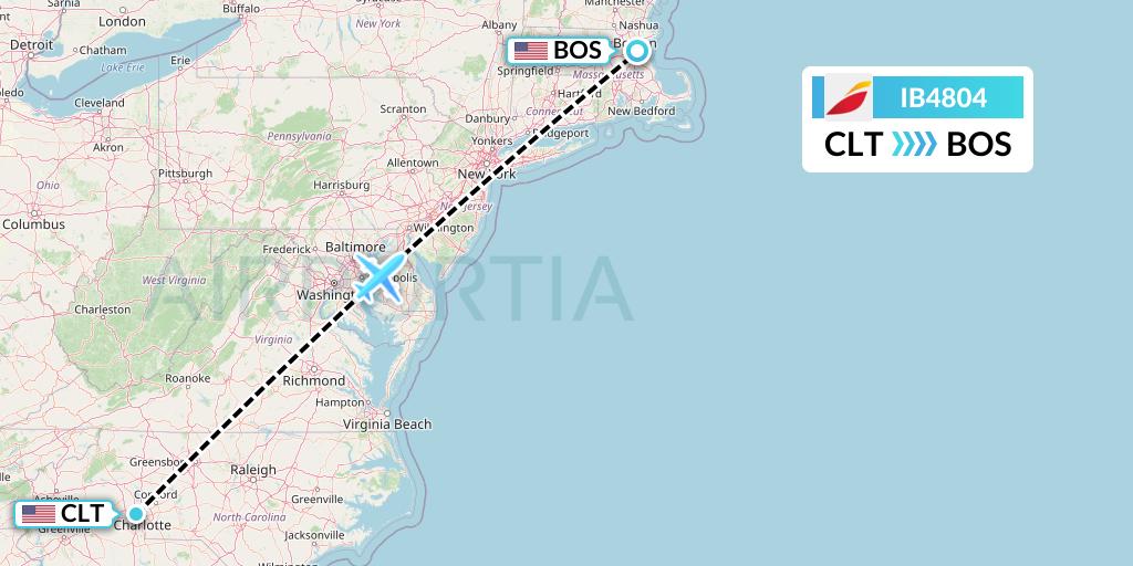 IB4804 Iberia Flight Map: Charlotte to Boston