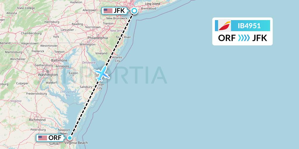 IB4951 Iberia Flight Map: Norfolk to New York