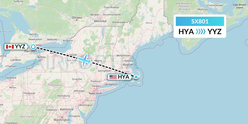 SX801 Flygta Airlines Flight Map: Hyannis to Toronto