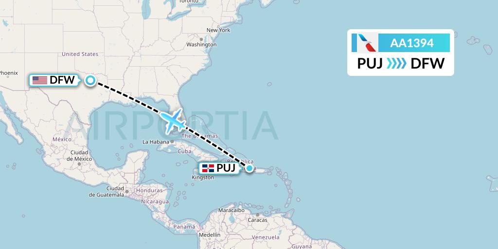 AA1394 American Airlines Flight Map: Punta Cana to Dallas