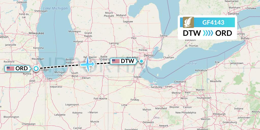 GF4143 Gulf Air Flight Map: Detroit to Chicago